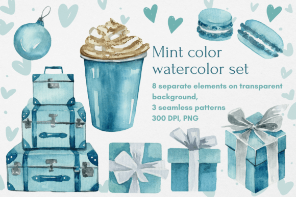 Mint Watercolor Clipart with Giftbox: A Versatile Design Resource for Creative Projects